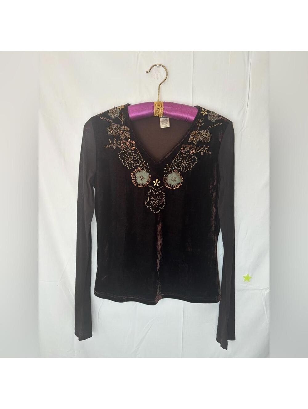 VTG Brown Velvet‎ Sheer Mesh Sleeve Beaded Garden Fairy Blouse Women Size M/L